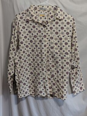Sakura Women’s Cream Button-Down Shirt with Purple & Teal Motif